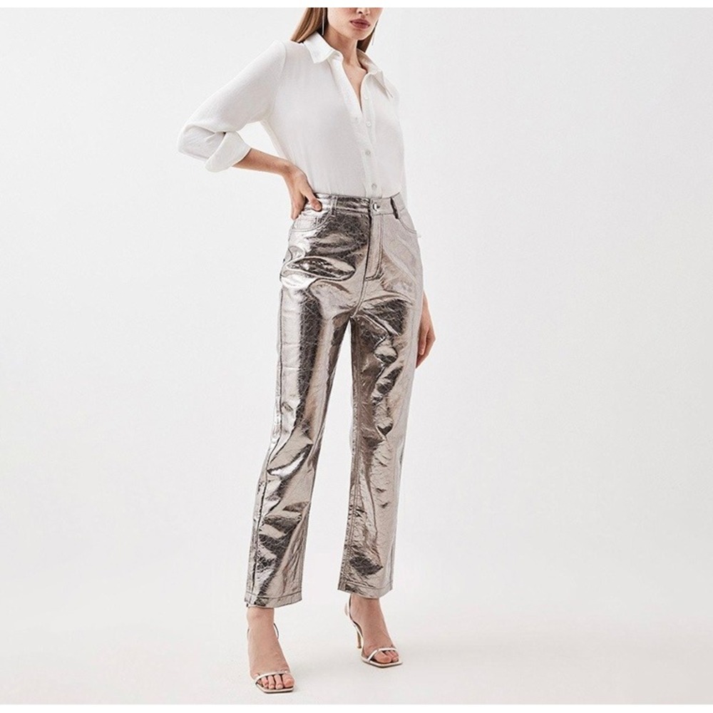 KAREN MILLER Faux Leather Straight Pant Womens 6 Silver Pewter Crackle High Rise